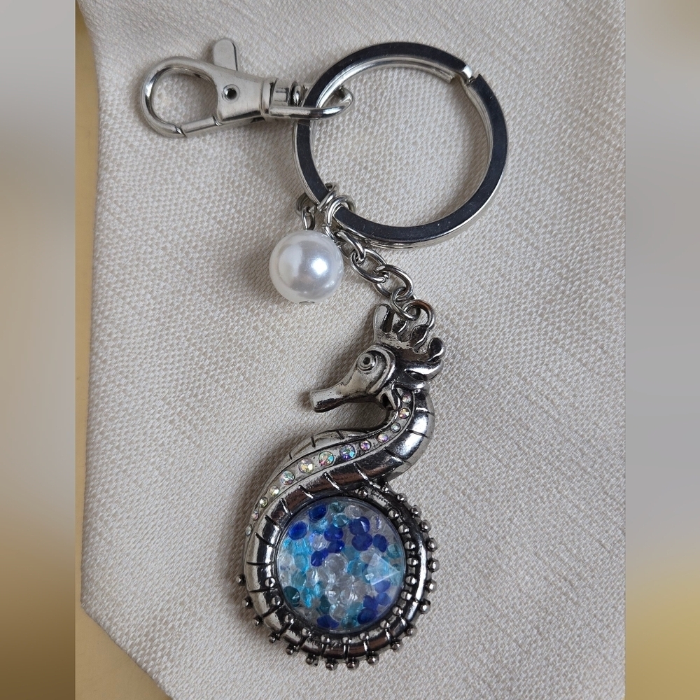 Silver Tone Vtg Seahorse Keychain/ Bag Charm  with Blue Crystal Accents - Picture 16 of 17